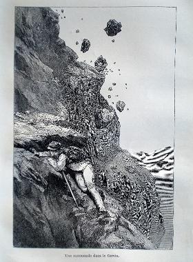 Страшные камнепады на Маттерхорне. Гравюра Э. Уимпера и Дж.Махоней.